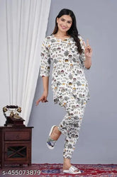Printed rayon night suit set, round neck ethnic top with pyjama pants. Golden Wings beautiful printed cotton sleepwear for relaxation or work from home